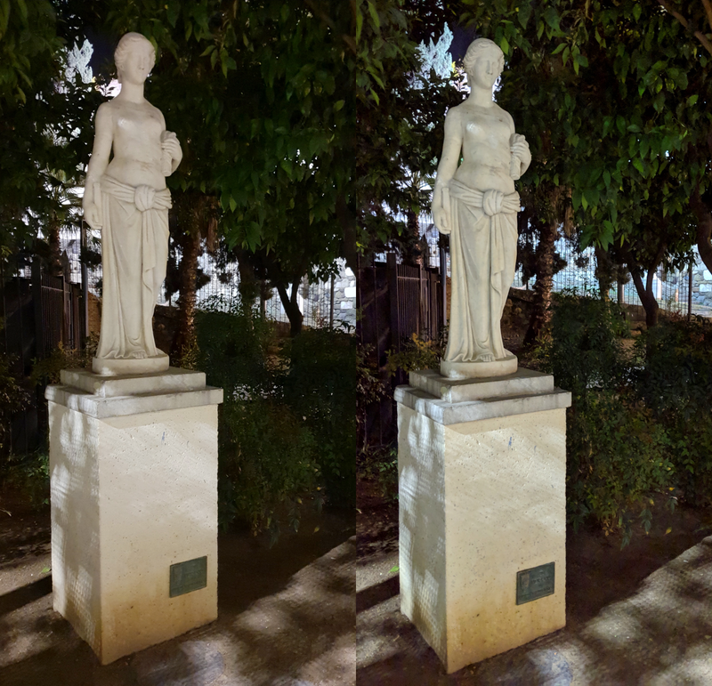 Modo noche automático en el S10+ (izquierda) vs. Visión nocturna en el Pixel 3 XL (derecha)